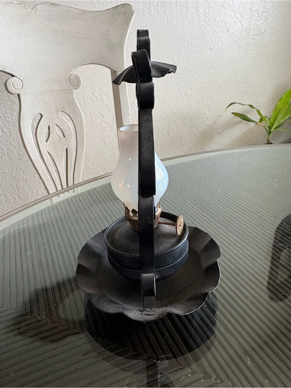 Vintage-Style Black Metal Oil Lamp with White Glass Shade